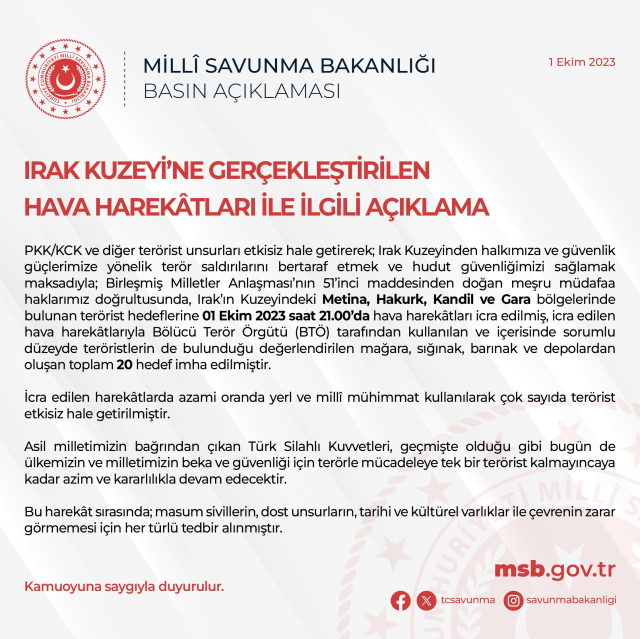 Son Dakika: Irak'ın kuzeyine hava harekatı! Metina, Hakurk, Kandil ve Gara bölgelerinde terör örgütüne ait 20 hedef imha edildi