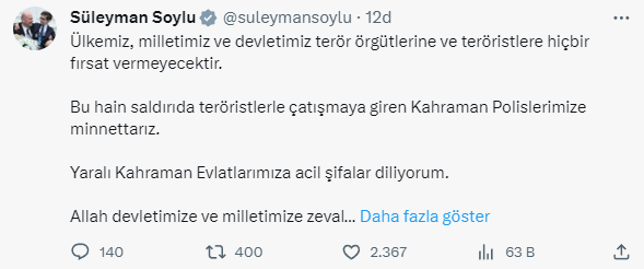 Soylu'dan bombalı saldırı girişimiyle ilgili açıklama: Ülkemiz teröristlere hiçbir fırsat vermeyecektir