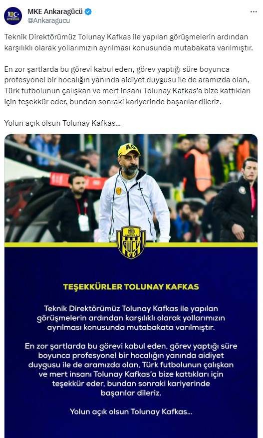 MKE Ankaragücü'nde Tolunay Kafkas dönemi sona erdi