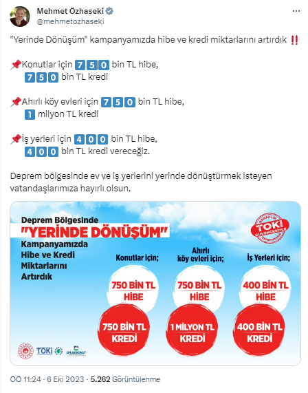 Deprem bölgesinde Yerinde Dönüşüm Kampanyası'nda hibe ve kredi miktarı artırıldı