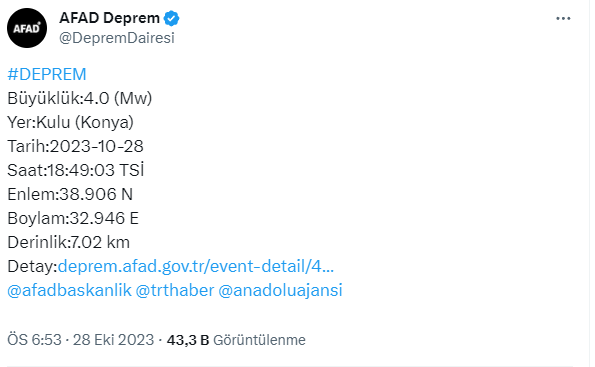 Konya'da 4 büyüklüğünde deprem meydana geldi