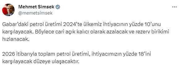 Mehmet Şimşek: Gabar'daki petrol üretimi 2024'te ihtiyacın yüzde 10'unu karşılayacak