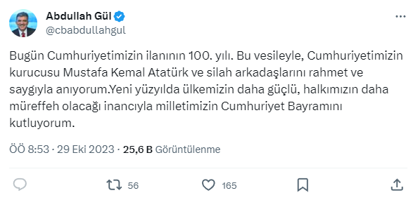 Abdullah Gül'den 29 Ekim Cumhuriyet Bayramı mesajı! Yorum yapmayı engelledi