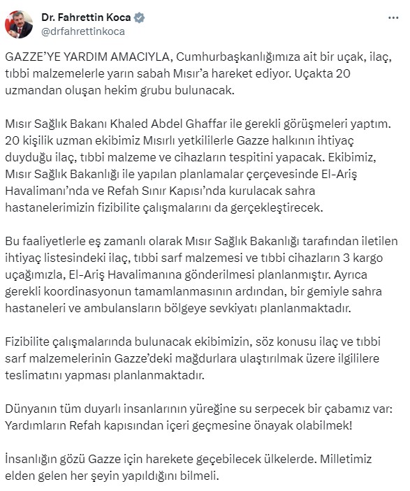 Gazze'ye yardım için havalanan Cumhurbaşkanlığı uçağı Kahire'ye ulaştı