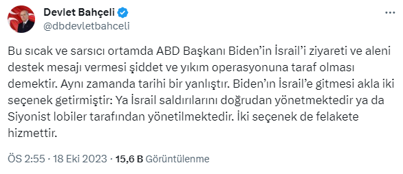 Hastane katliamına tepki gösteren Devlet Bahçeli, Biden'ı da es geçmedi: İsrail ziyareti akla 2 seçeneği getiriyor