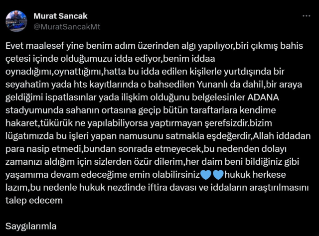 Adana Demirspor Başkanı Murat Sancak hakkında çıkan bahis iddialarına ateş püskürdü: Yaptırmayan şerefsizdir