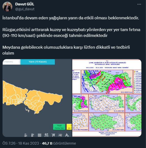 Meteoroloji'den aralarında İstanbul, Ankara ve İzmir'in de olduğu 72 il için sarı ve turuncu kodlu uyarı