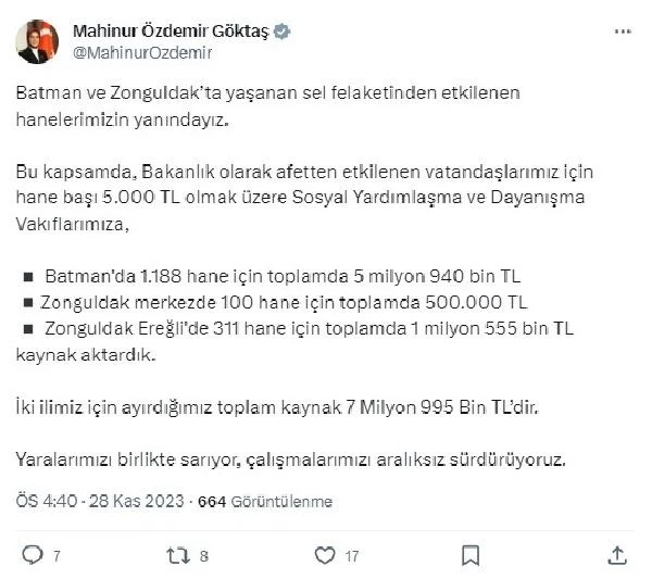 Batman ve Zonguldak'taki sel felaketinden etkilenen vatandaşlara 5 bin lira destek verilecek