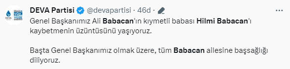 DEVA Partisi Genel Başkanı Ali Babacan'ın babası Hilmi Babacan hayatını kaybetti