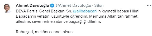 DEVA Partisi Genel Başkanı Ali Babacan'ın babası Hilmi Babacan hayatını kaybetti