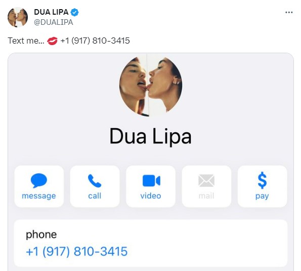 Sevgilisinden ayrılan Dua Lipa, telefon numarasını verdi