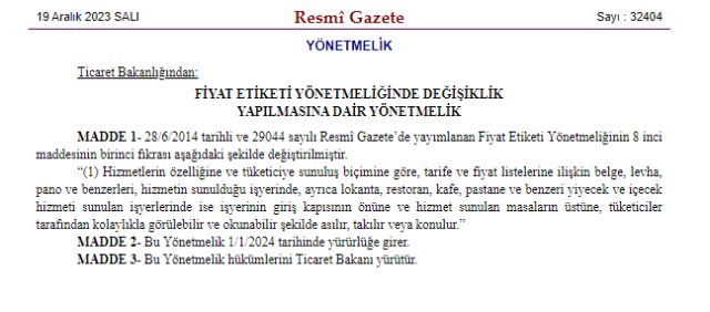 1 Ocak 2024'ten itibaren lokanta, restoran, kafe ve pastaneler fiyat listelerini giriş kapısı ve masalara koyacak