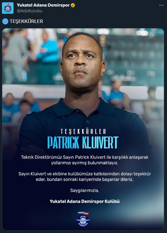 Adana Demirspor, teknik direktör Patrick Kluivert ile yollarını ayırdı