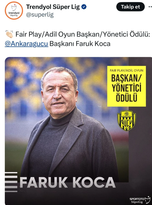 Halil Umut Meler'e yumruk atan Ankaragücü Başkanı Faruk Koca, TFF'den Fair Play ödülü almış