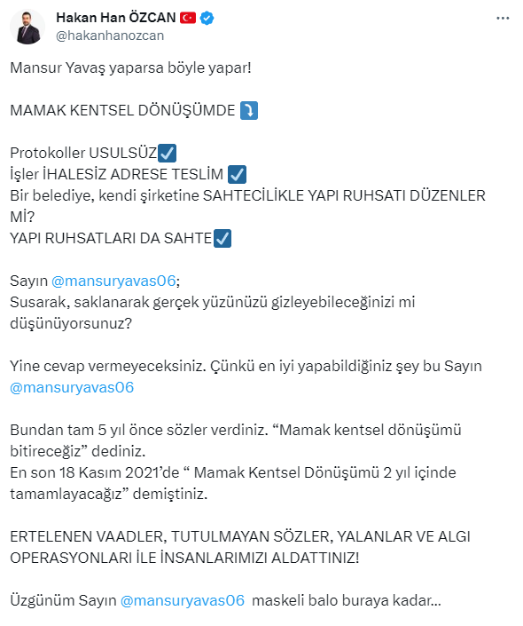 AK Parti Ankara İl Başkanı Hakan Han Özcan'dan Mansur Yavaş'a kentsel dönüşüm projesiyle ilgili bomba suçlamalar