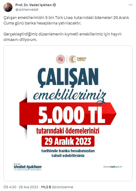 Çalışan emeklilerin 5 bin liralık ikramiyesi bugün hesaplarda olacak