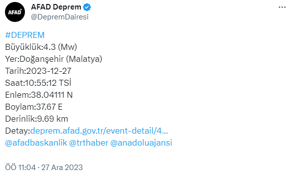 Malatya'da 4.3 büyüklüğünde deprem! Çevre illerden de hissedildi