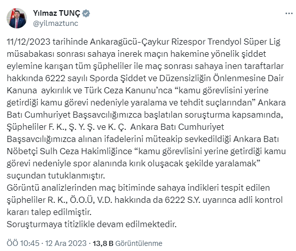 Hakem Halil Umut Meler'e tekme tokat saldıran Ankaragücü Başkanı Faruk Koca dahil 3 kişi tutuklandı