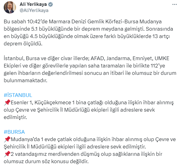 Marmara'daki 5.1'lik depremin bilançosu: 2 kişi yaralandı, 3 binada çatlak var