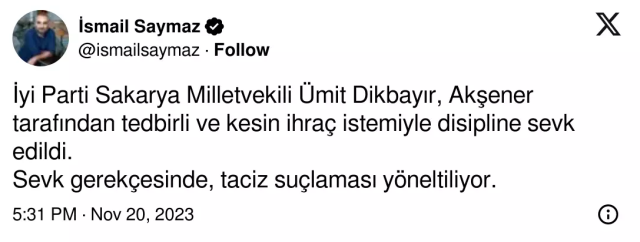 Ümit Dikbayır, İYİ Parti'den ihraç edildi