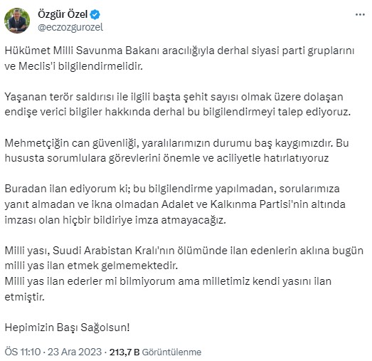 12 askerimizin şehit olmasının ardından hükümete milli yas çağrısı