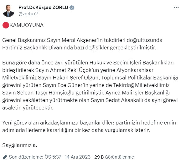 İYİ Parti Başkanlık Divanı'nda değişiklikler yapıldı