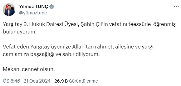 Yargıtay 9. Hukuk Dairesi Üyesi Şahin Çil hayatını kaybetti