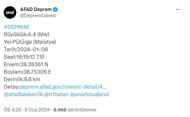 Malatya'da 4.4 büyüklüğünde deprem meydana geldi