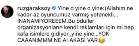 Oyuncu Rüzgar Aksoy, Serenay Sarıkaya'nın peş peşe ödül almasına tepki gösterdi