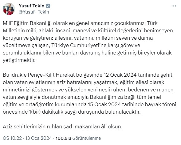 Tüm okullarda pazartesi günü şehitlerimiz için 1 dakikalık saygı duruşunda bulunulacak