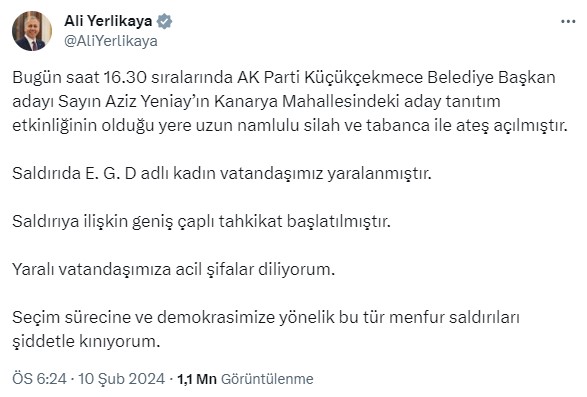 Adalet Bakanı Tunç: Küçükçekmece'deki saldırıyla ilgili olayla bağlantısı olduğu düşünülen 12 kişi gözaltına alındı, 7 kişi aranıyor