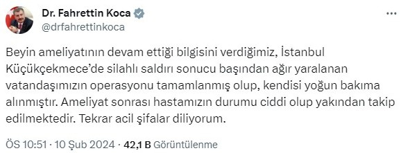 Adalet Bakanı Tunç: Küçükçekmece'deki saldırıyla ilgili olayla bağlantısı olduğu düşünülen 12 kişi gözaltına alındı, 7 kişi aranıyor