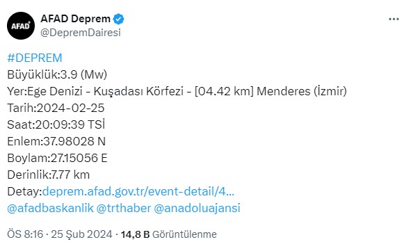 Kuşadası Körfezi'nde 3,9 büyüklüğünde deprem