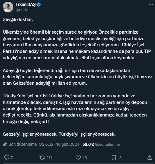 TİP Genel Başkanı Erkan Baş, Gebze'den belediye başkan adaylığını açıkladı