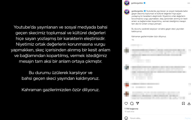 Gazilerle ilgili skeciyle tepki çeken Güldür Güldür ekibi özür diledi