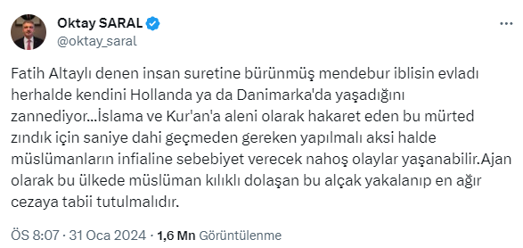 Cumhurbaşkanı Başdanışmanı Saral, Fatih Altaylı'ya ağır hakaretler: Bu mürted zındık için gereken yapılmalı