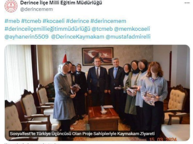 Derince İlçe Milli Eğitim Müdürlüğü, kaymakamı ziyaret eden kız öğrencilerin yüzlerini sansürledi