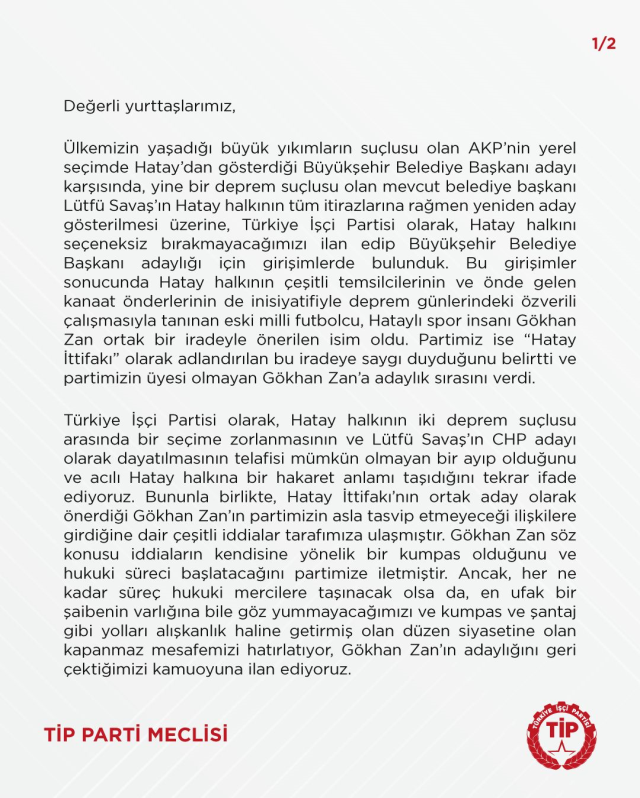 Türkiye İşçi Partisi, Hatay'da Gökhan Zan'ın adaylığını geri çekti