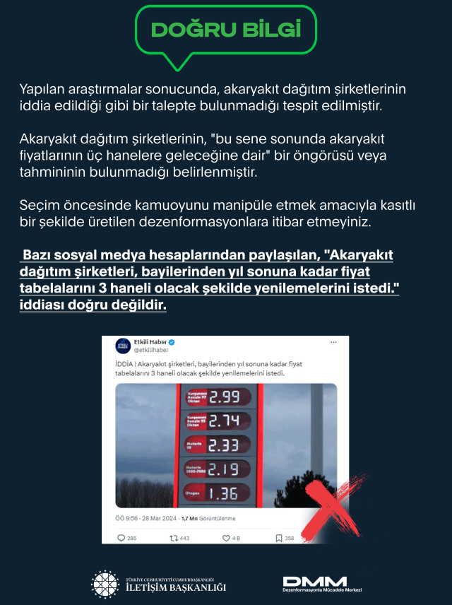 Akaryakıt fiyatlarının 3 haneye çıkacağı iddiası sonrası Cumhurbaşkanlığından açıklama geldi