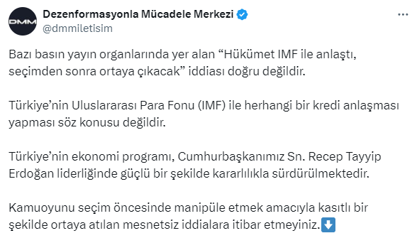 Dezenformasyonla Mücadele Merkezi: Hükümetin IMF ile anlaştığı iddiası gerçeği yansıtmamaktadır