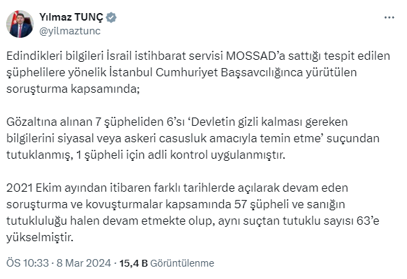 Mossad'a bilgi sızdırmakla suçlanan 7 şüpheliden 6'sı tutuklandı