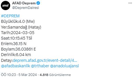 Hatay'ın Samandağ ilçesinde 4 büyüklüğünde deprem meydana geldi