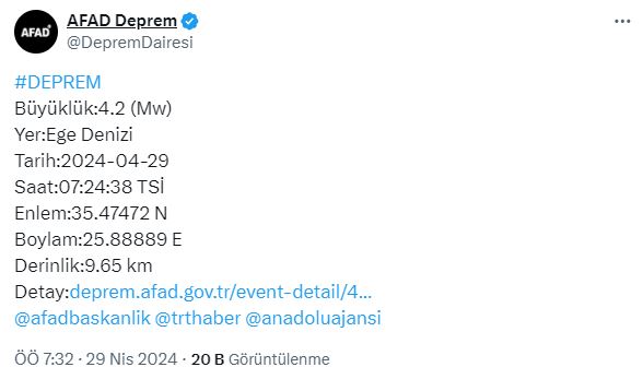 Ege Denizi'nde 4.2 büyüklüğünde deprem