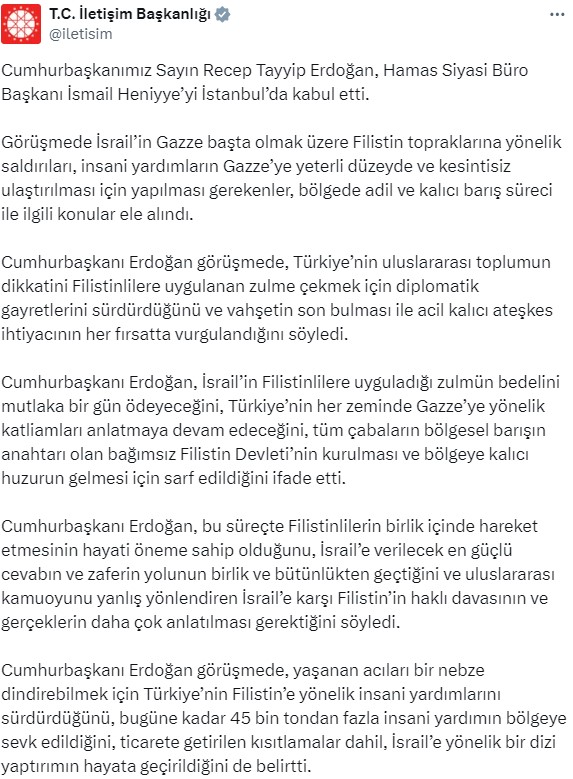 Hamas lideri Heniyye ile görüşen Cumhurbaşkanı Erdoğan'ı hedef aldı! İsrailli bakan Katz'dan hadsiz paylaşım!